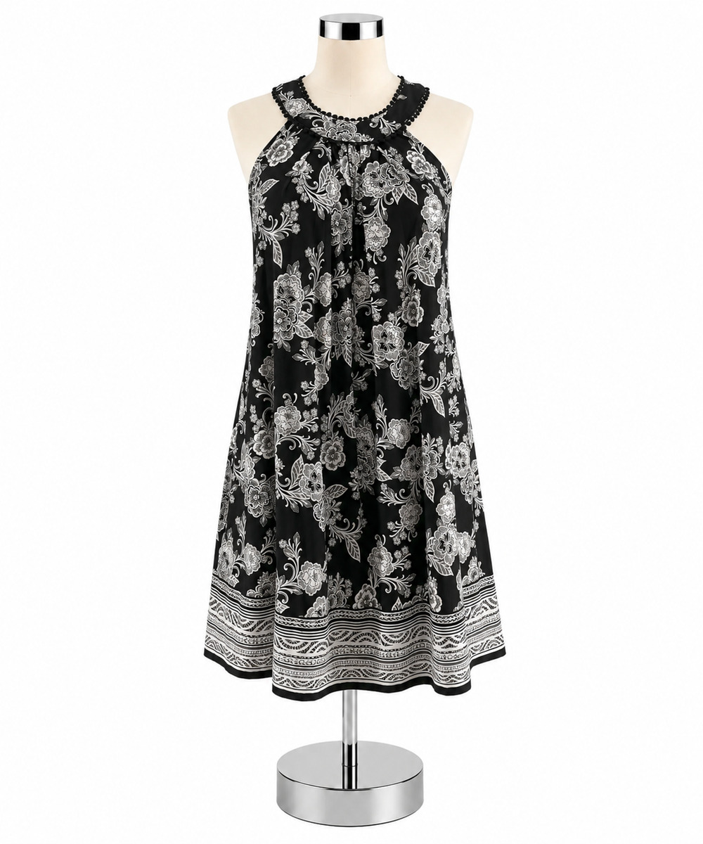 Three Pink Hearts Women's Plus Size 3X Black White Floral Sleeveless Dress